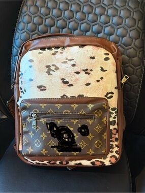 Brown and Cream Animal-Print Backpack